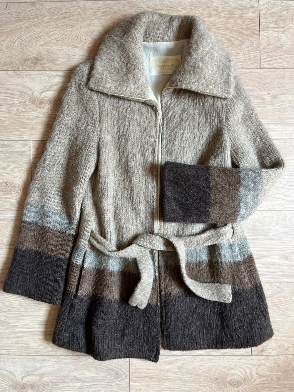 Vintage Cozy Colorblock Belted Mid-Length Jacket in Neutral Beige. 100% Wool